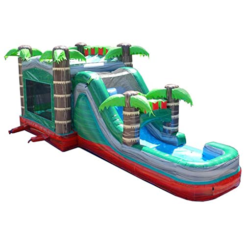 TentandTable Mega Tropical Red Marble Single Lane Water Slide & Bounce House Combo | 32-Foot Long x 16-Foot Wide x 15.5-Foot Tall | Wet/Dry Commercial Grade Inflatable | Includes: Blower and Stakes
